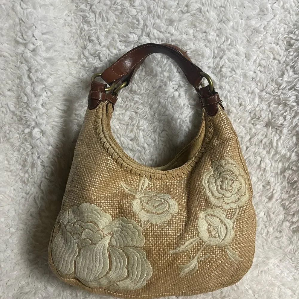 Forth & Towne Cognac synthetic woven Satchel beige embroidery tan leather straps